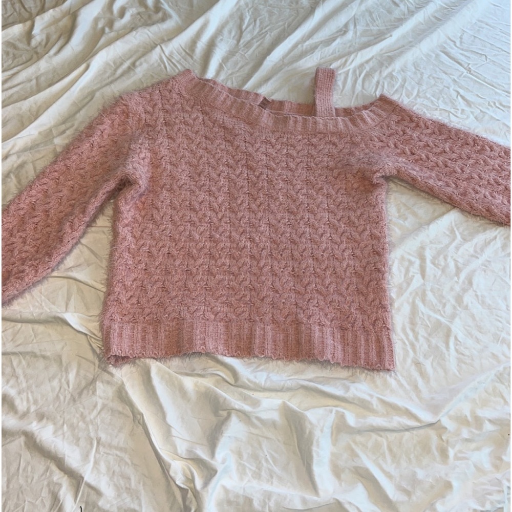 Pink fuzzy off the should top